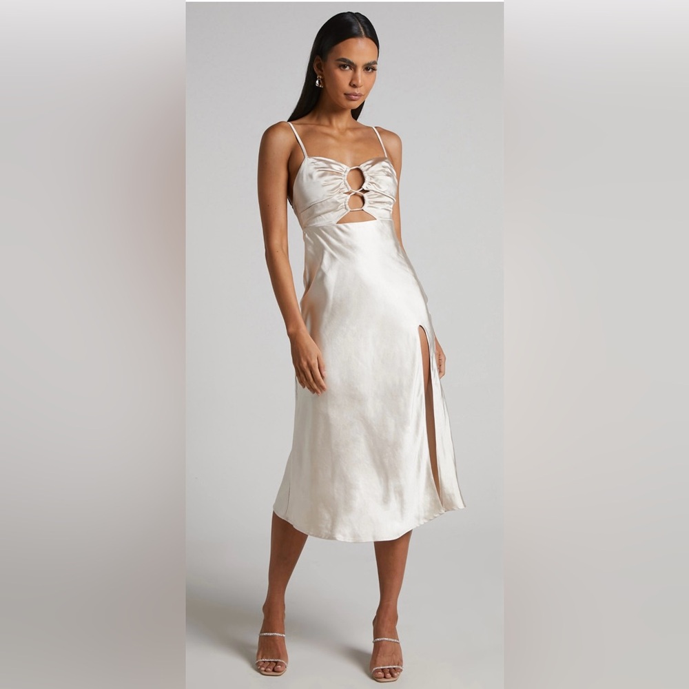 NWOT - Showpo JIANNE MIDI DRESS - CUT OUT BIAS CUT SATIN SLIP DRESS IN CHAMPAGNE
